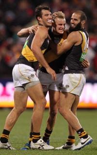AFL 2014 Rd 21 - Adelaide v Richmond Troy Chaplin of the Tigers celebrates their win during the 2014 AFL Round 21 match between the Adelaide Crows and the Richmond Tigers at the Adelaide Oval, Adelaide on August 16, 2014. (Photo: James Elsby/AFL Media)